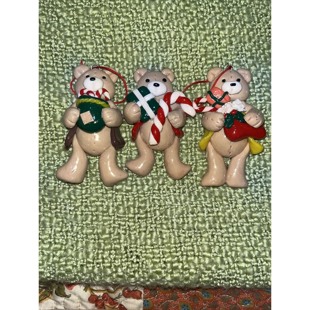Salt dough like ornaments  ,Teddy bears With Candy Canes set of 3 , 3.5 "